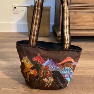 Laurel Burch horse tote with sequin detail and metallic ribbon on handles